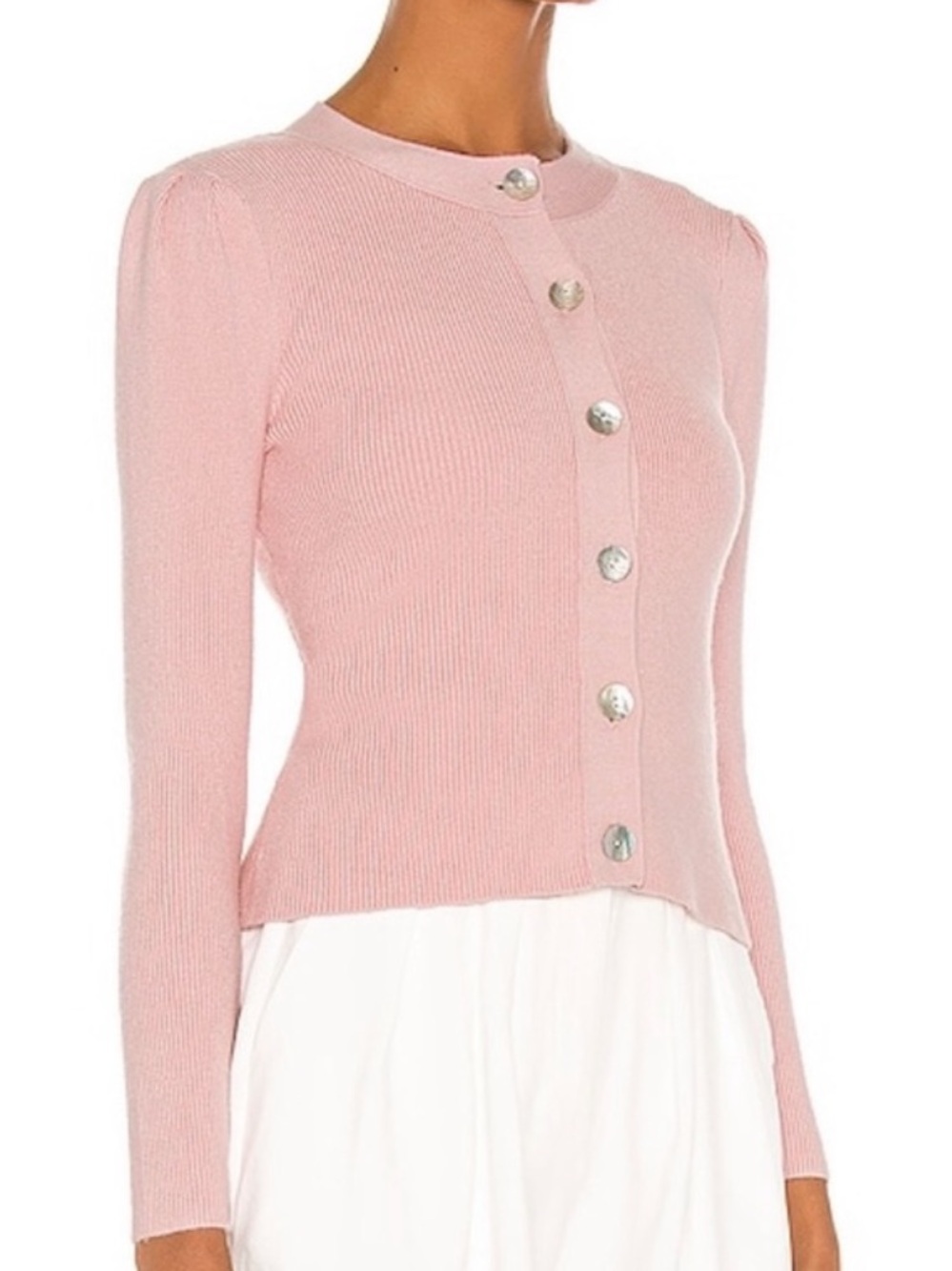 LPA Aiden Blush Pink Cardigan Medium Ribbed Puff Sleeve Button Front